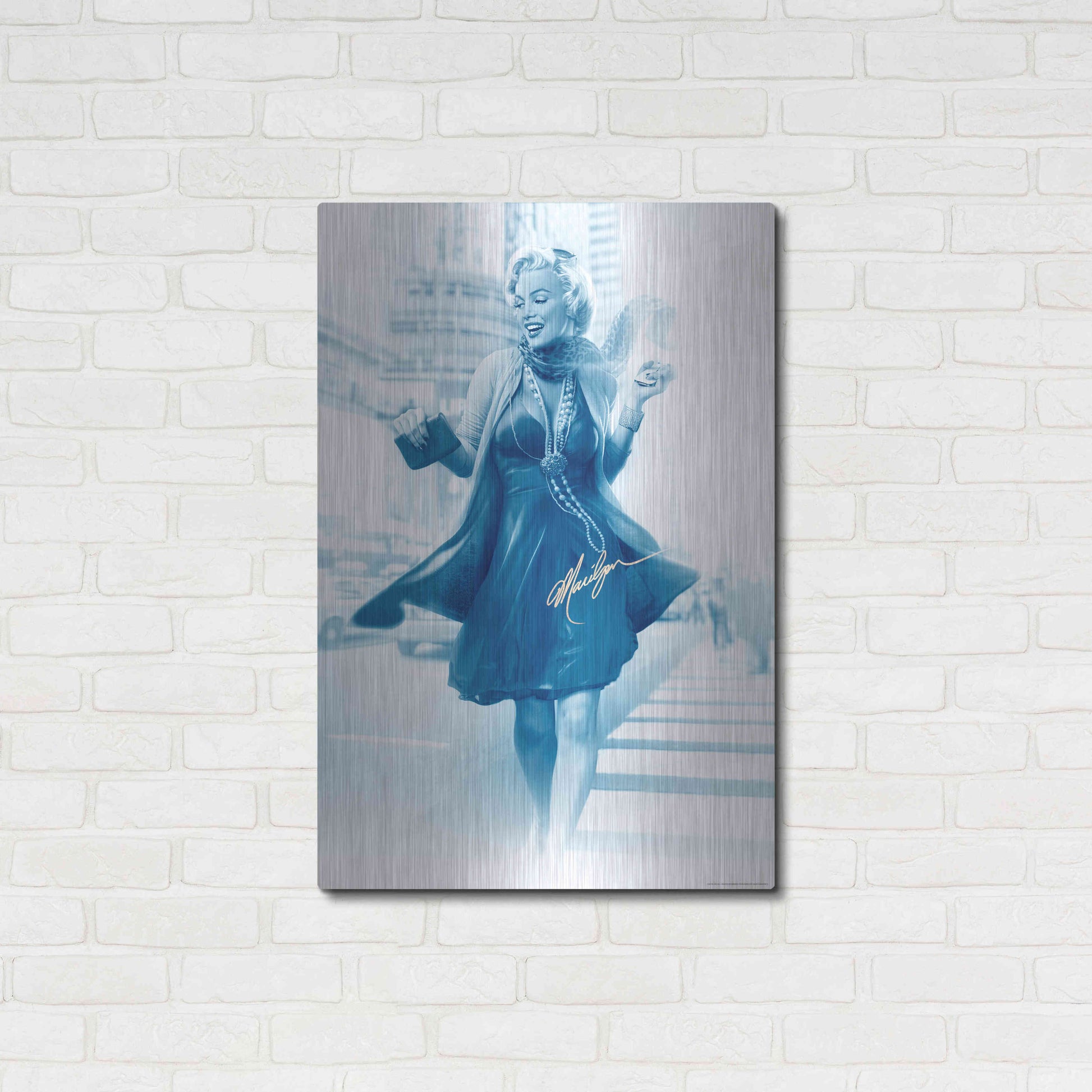 Luxe Metal Art 'Marilyn In The City Blue' by JJ Brando, Metal Wall Art,24x36