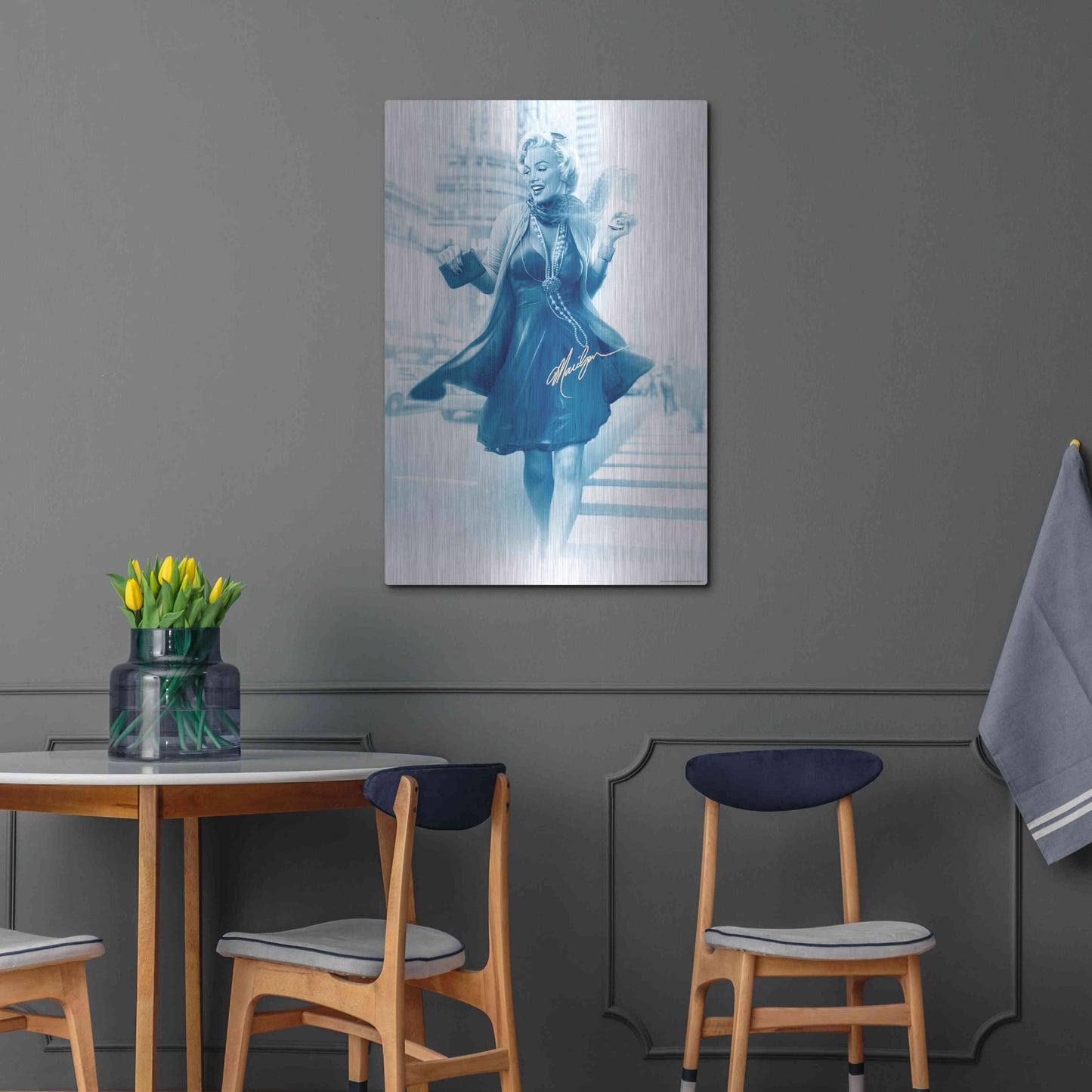 Luxe Metal Art 'Marilyn In The City Blue' by JJ Brando, Metal Wall Art,24x36