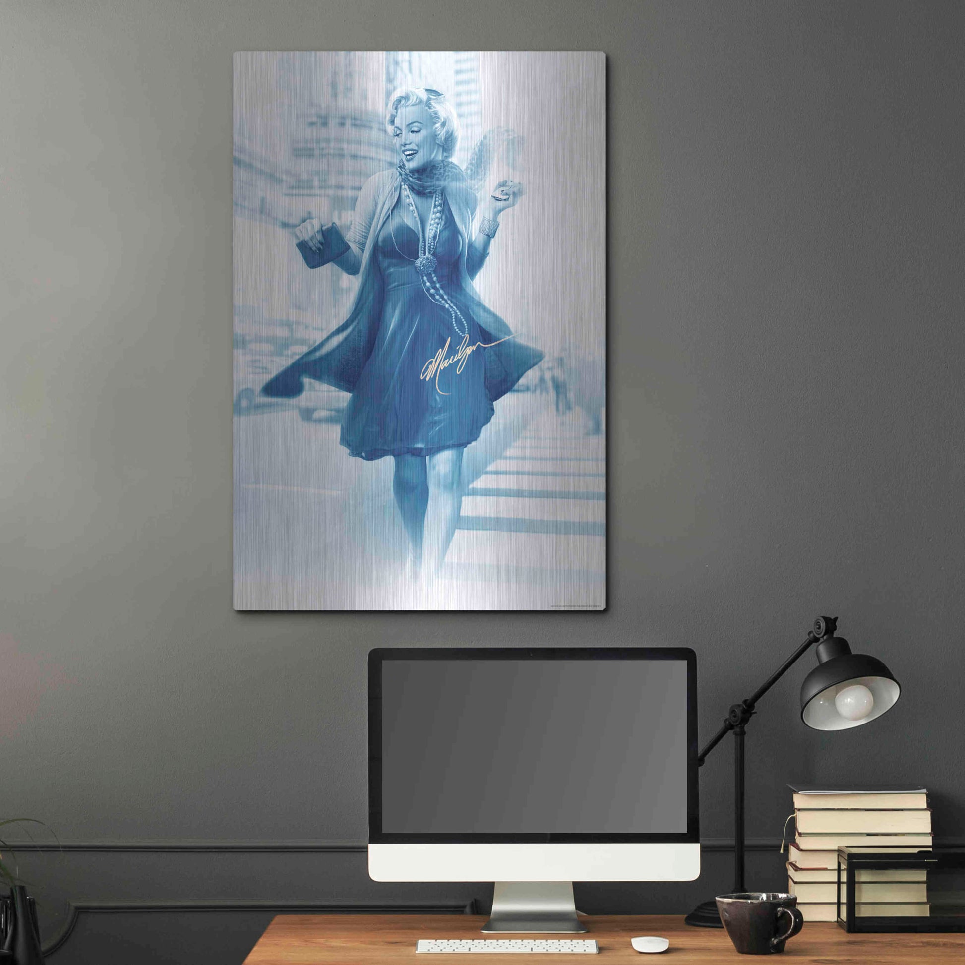 Luxe Metal Art 'Marilyn In The City Blue' by JJ Brando, Metal Wall Art,24x36