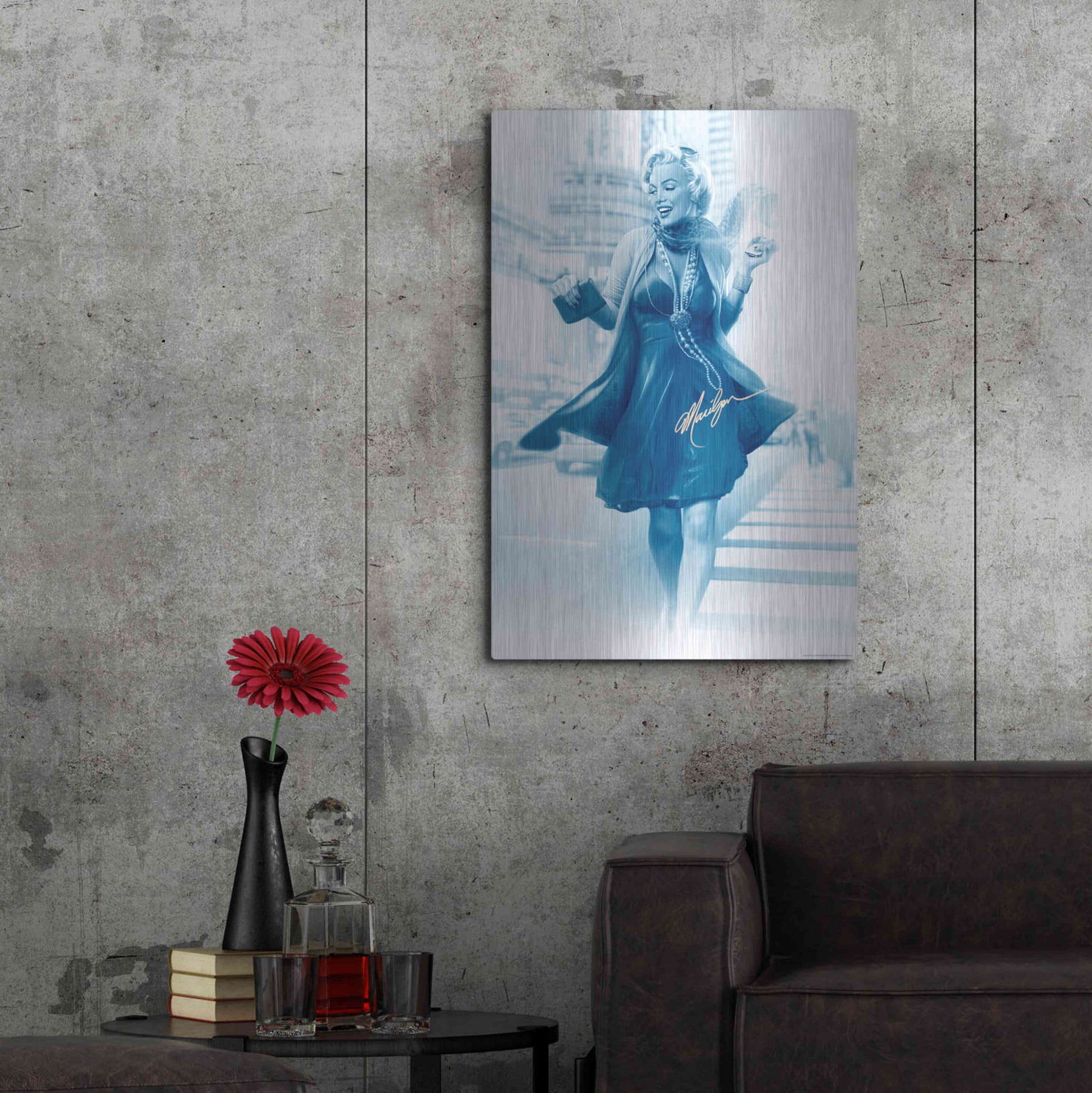 Luxe Metal Art 'Marilyn In The City Blue' by JJ Brando, Metal Wall Art,24x36