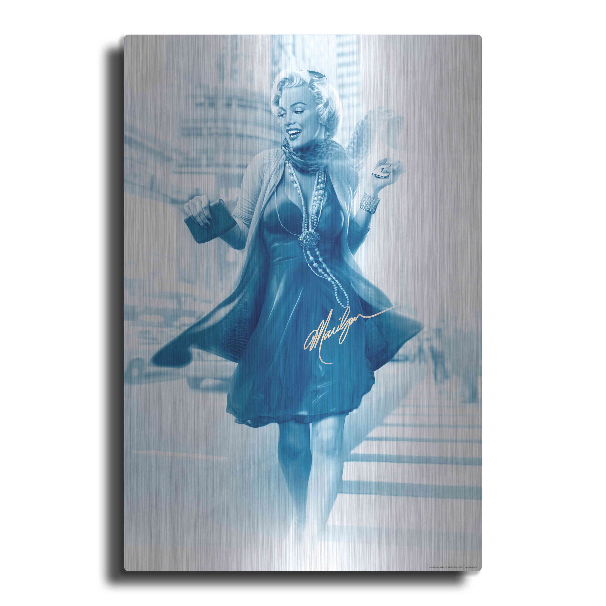 Luxe Metal Art 'Marilyn In The City Blue' by JJ Brando, Metal Wall Art