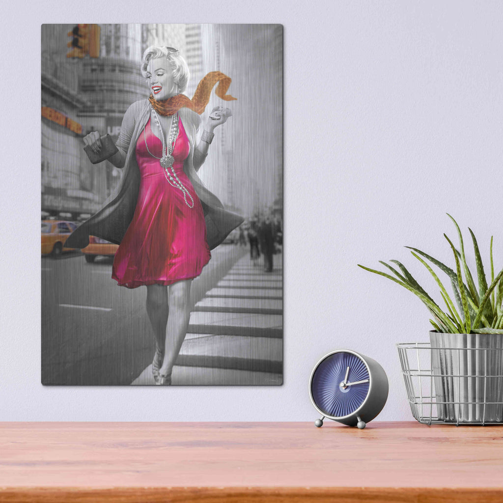 Luxe Metal Art 'Marilyn In The City BW' by JJ Brando, Metal Wall Art,12x16
