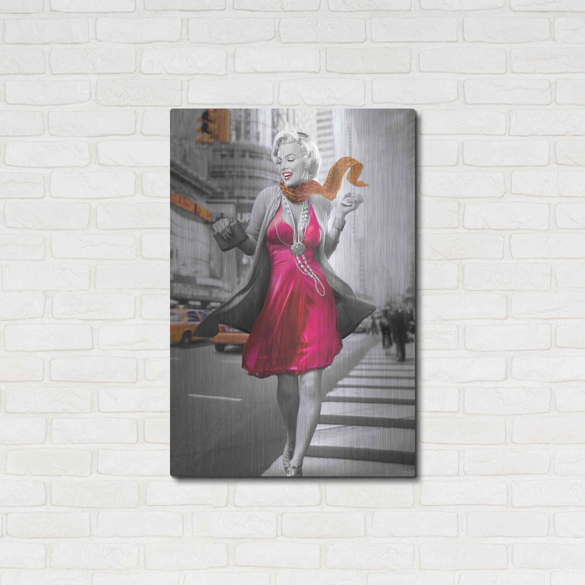 Luxe Metal Art 'Marilyn In The City BW' by JJ Brando, Metal Wall Art,24x36