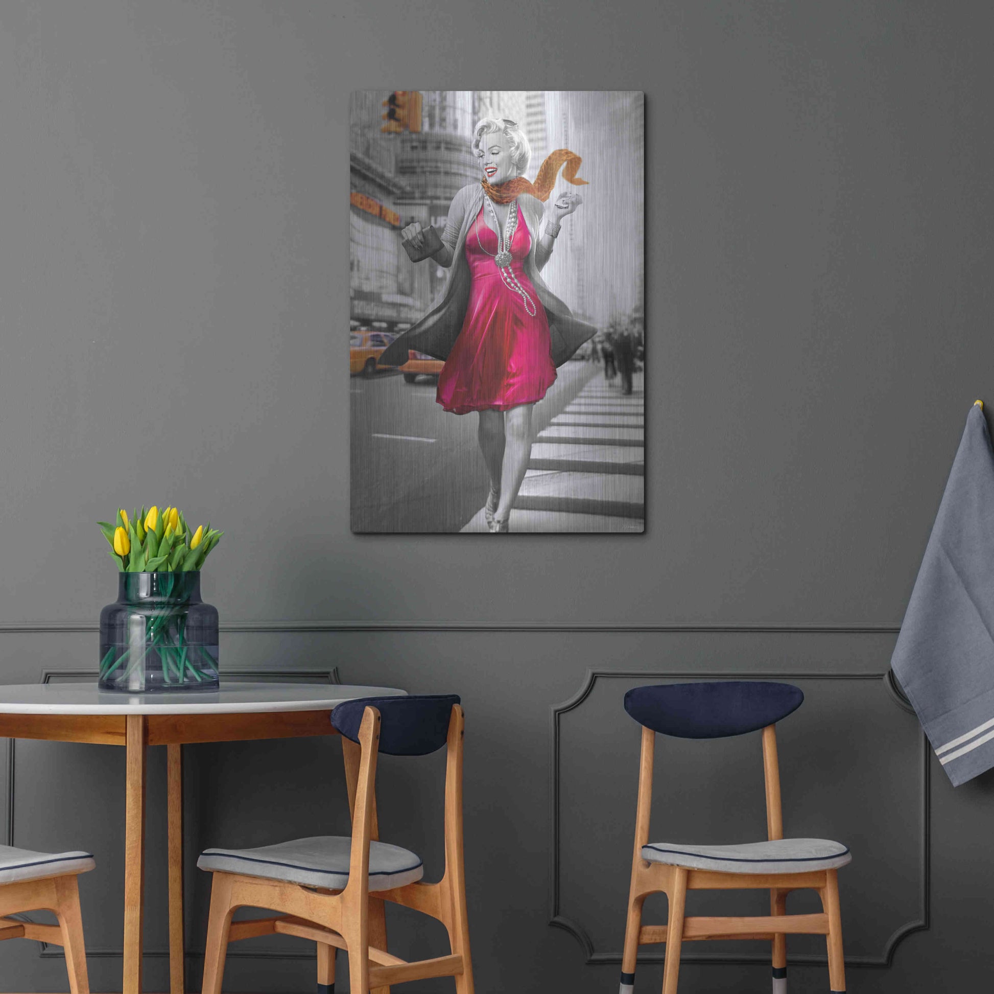 Luxe Metal Art 'Marilyn In The City BW' by JJ Brando, Metal Wall Art,24x36