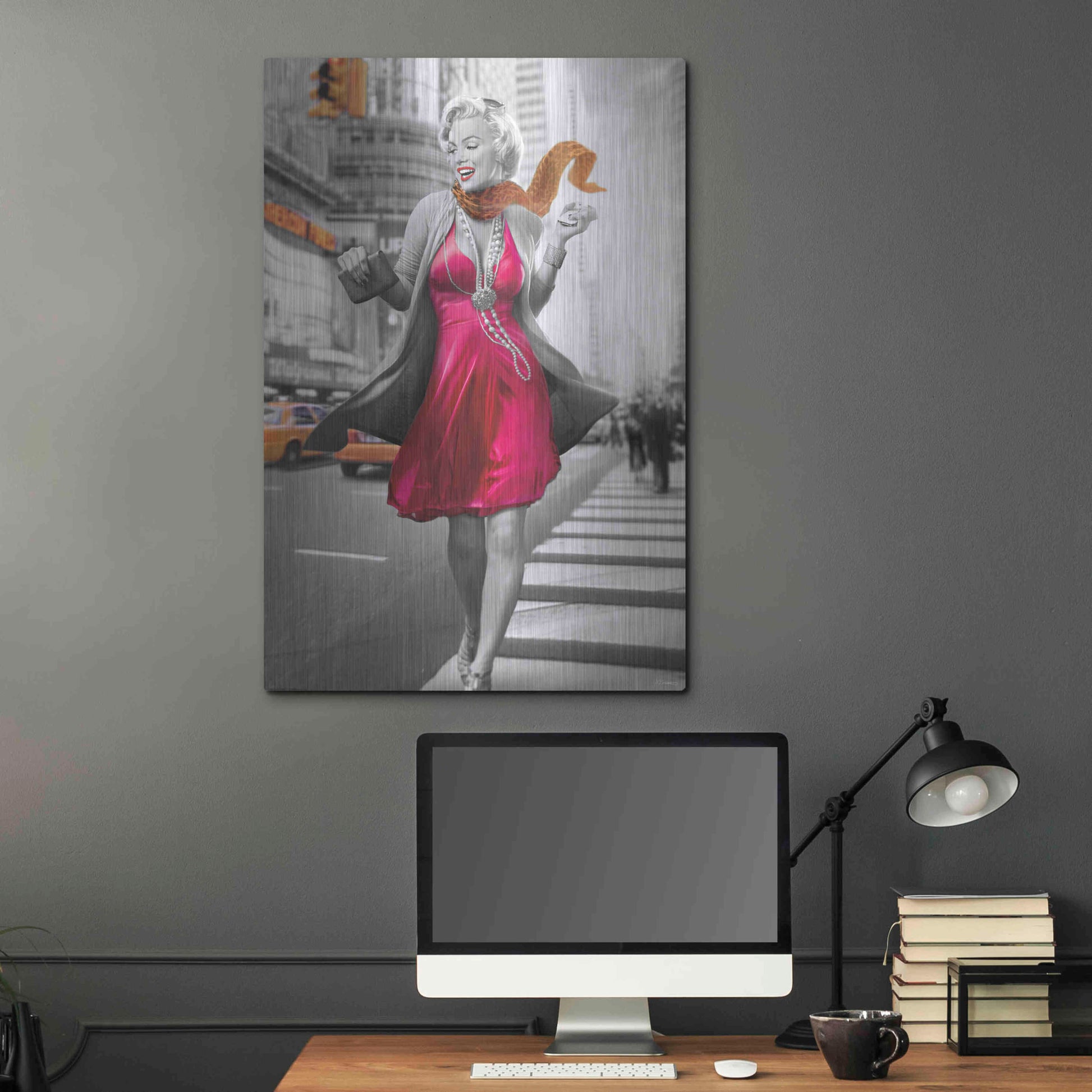 Luxe Metal Art 'Marilyn In The City BW' by JJ Brando, Metal Wall Art,24x36