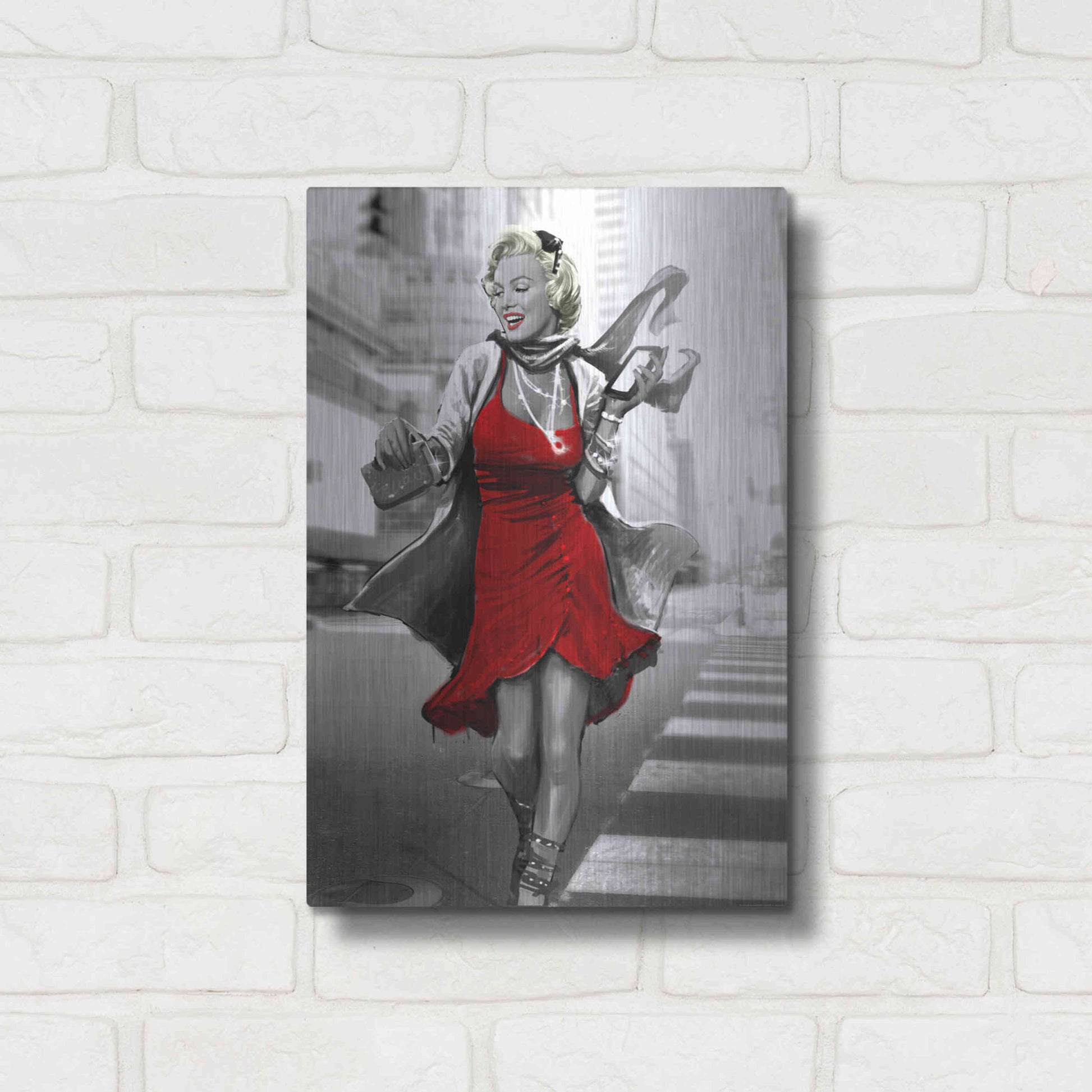 Luxe Metal Art 'Marilyn In The City Red Dress' by JJ Brando, Metal Wall Art,12x16