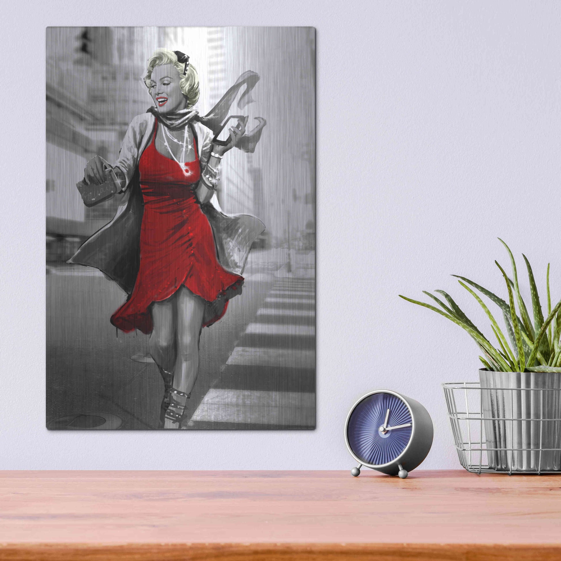 Luxe Metal Art 'Marilyn In The City Red Dress' by JJ Brando, Metal Wall Art,12x16