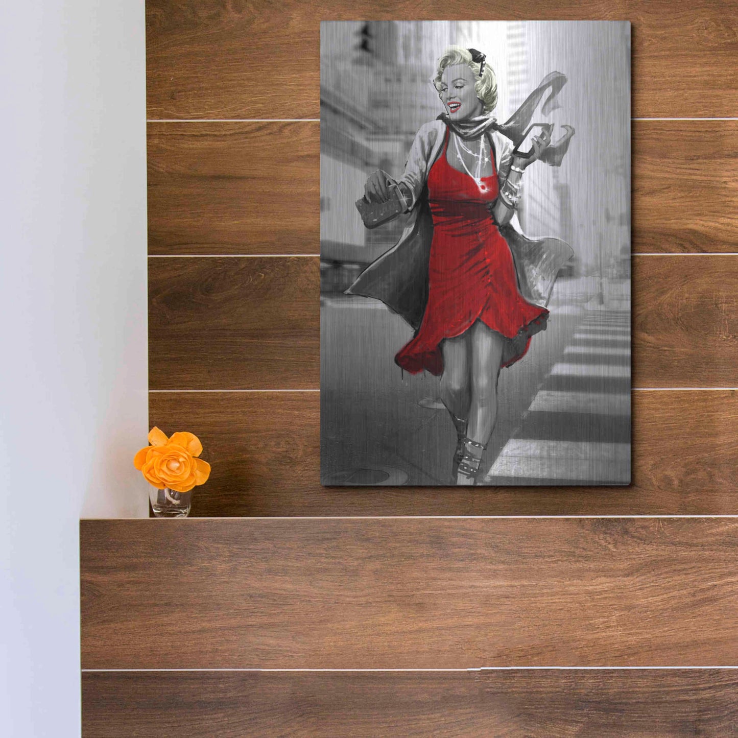 Luxe Metal Art 'Marilyn In The City Red Dress' by JJ Brando, Metal Wall Art,12x16
