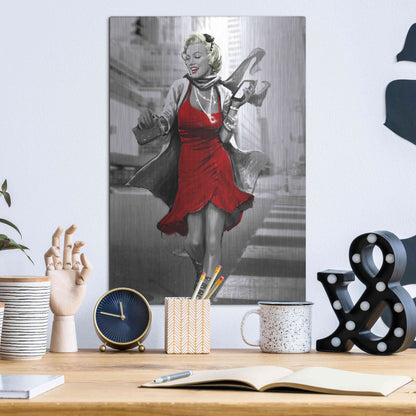Luxe Metal Art 'Marilyn In The City Red Dress' by JJ Brando, Metal Wall Art,12x16