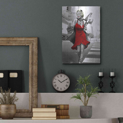 Luxe Metal Art 'Marilyn In The City Red Dress' by JJ Brando, Metal Wall Art,12x16