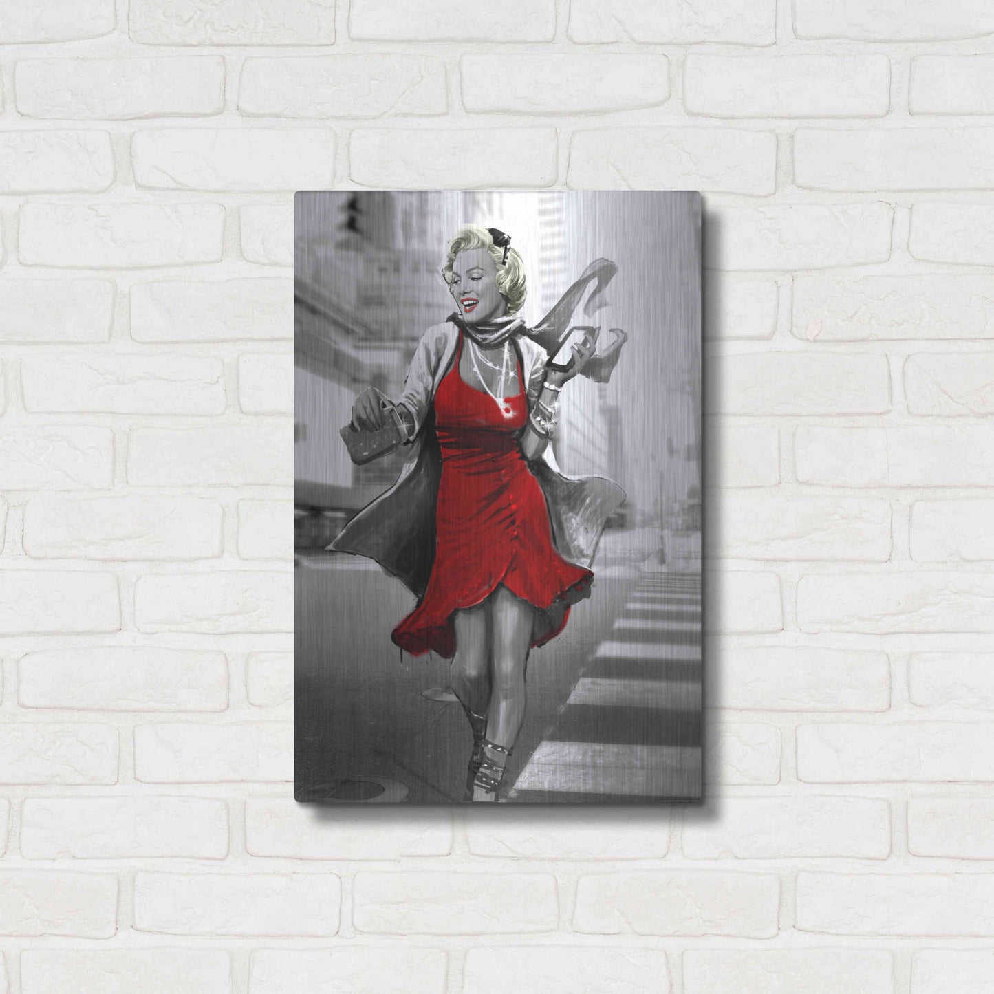 Luxe Metal Art 'Marilyn In The City Red Dress' by JJ Brando, Metal Wall Art,16x24