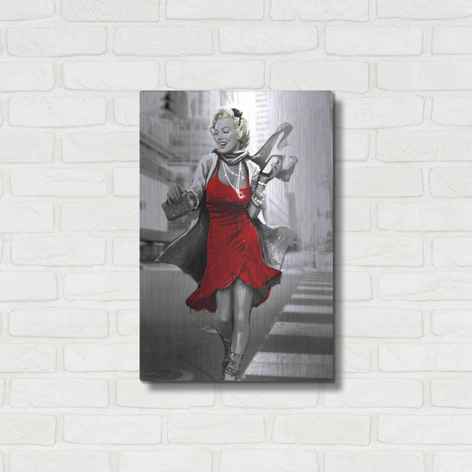 Luxe Metal Art 'Marilyn In The City Red Dress' by JJ Brando, Metal Wall Art,16x24