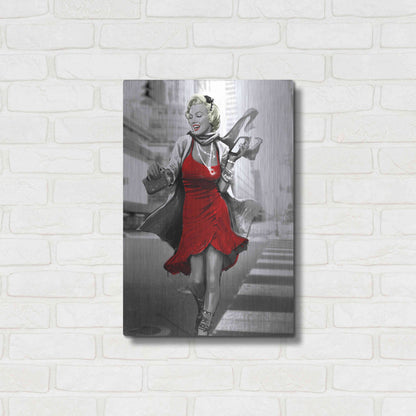 Luxe Metal Art 'Marilyn In The City Red Dress' by JJ Brando, Metal Wall Art,16x24