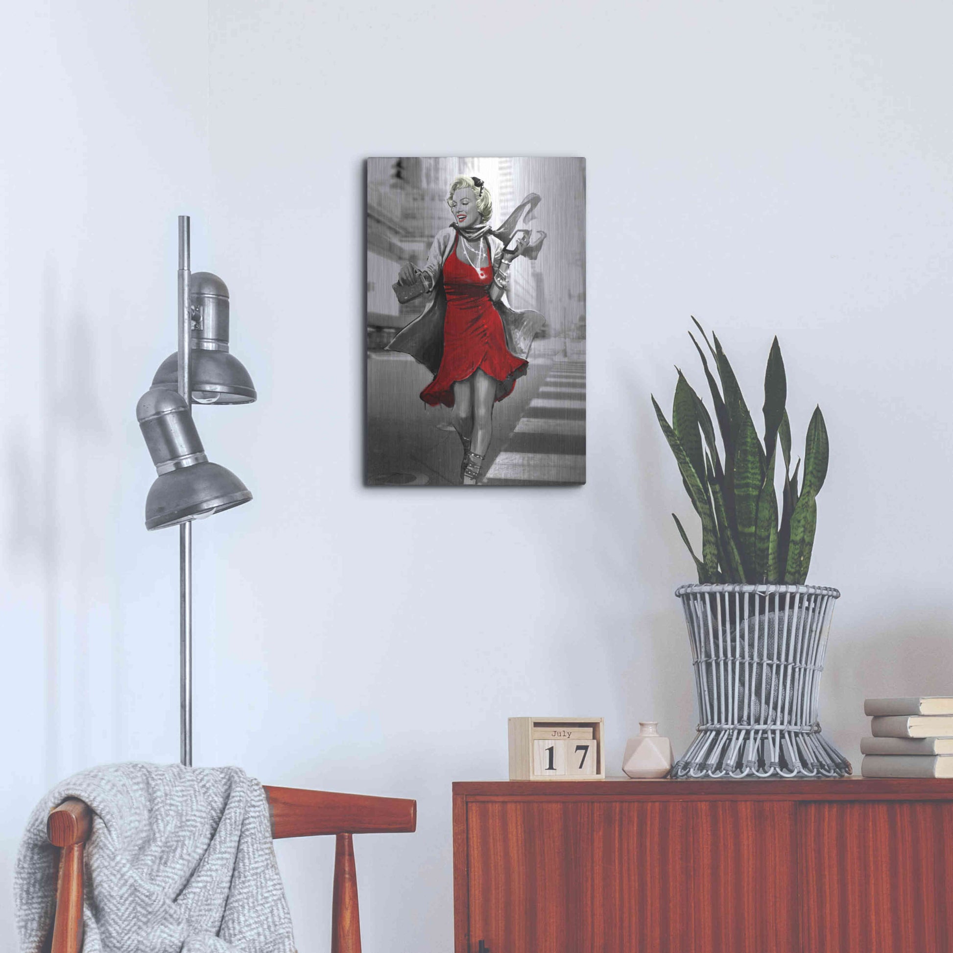 Luxe Metal Art 'Marilyn In The City Red Dress' by JJ Brando, Metal Wall Art,16x24