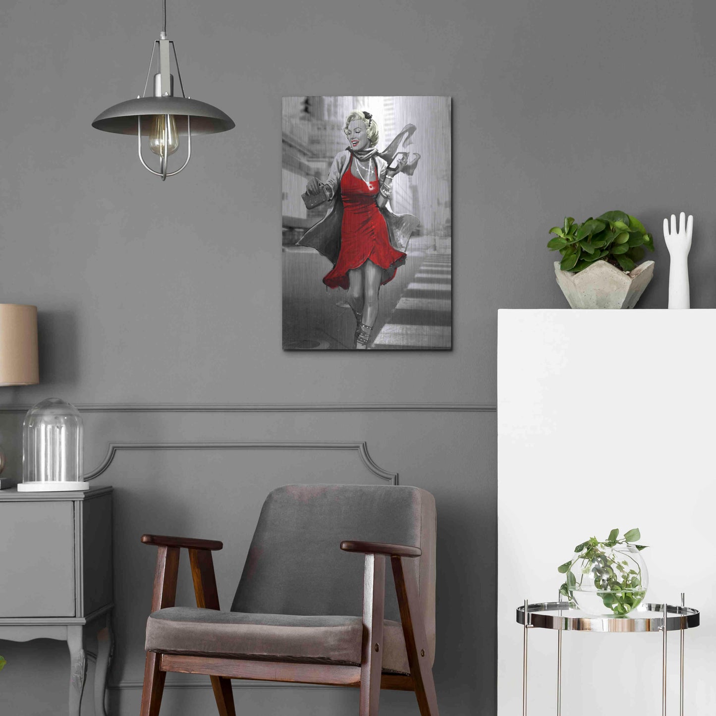 Luxe Metal Art 'Marilyn In The City Red Dress' by JJ Brando, Metal Wall Art,16x24