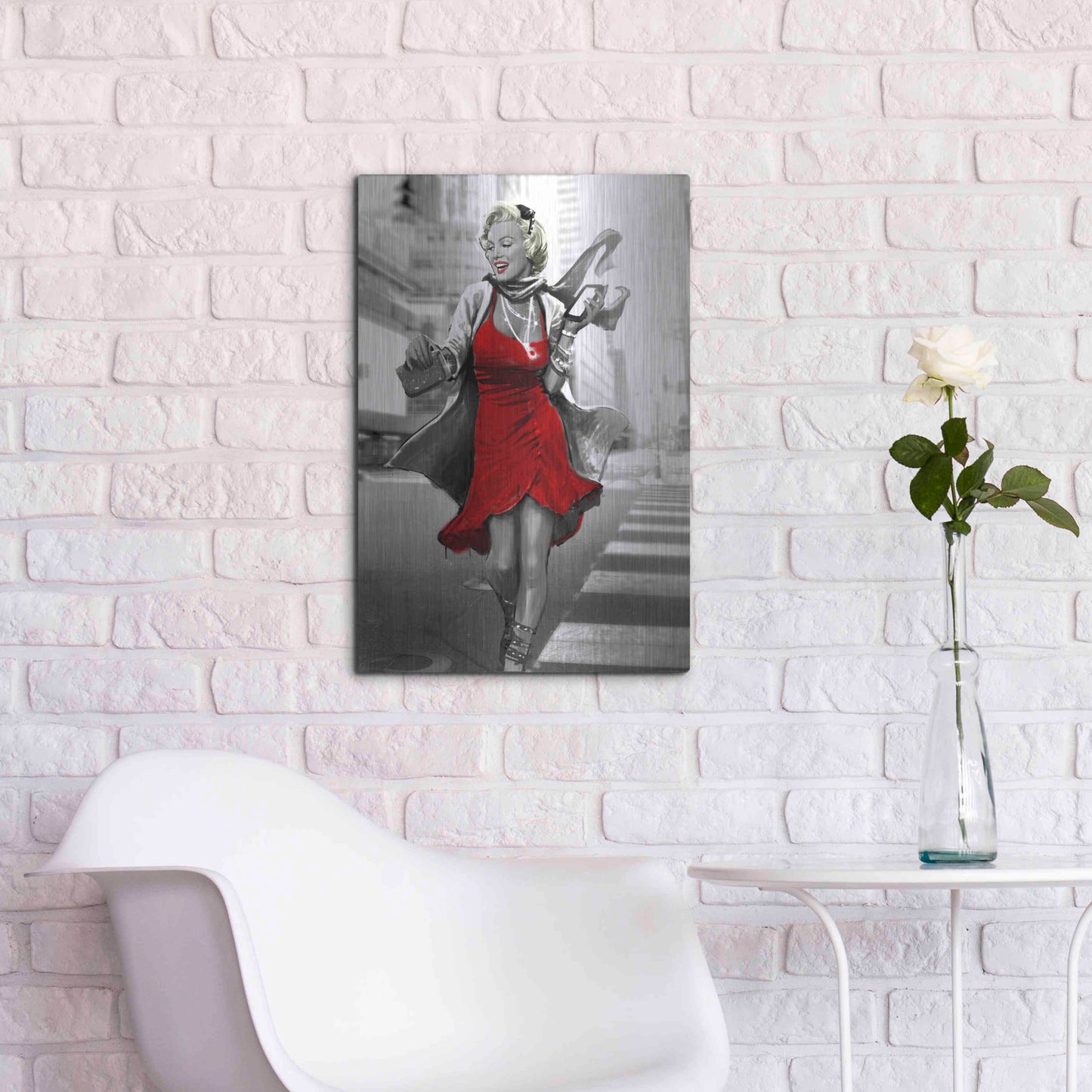Luxe Metal Art 'Marilyn In The City Red Dress' by JJ Brando, Metal Wall Art,16x24