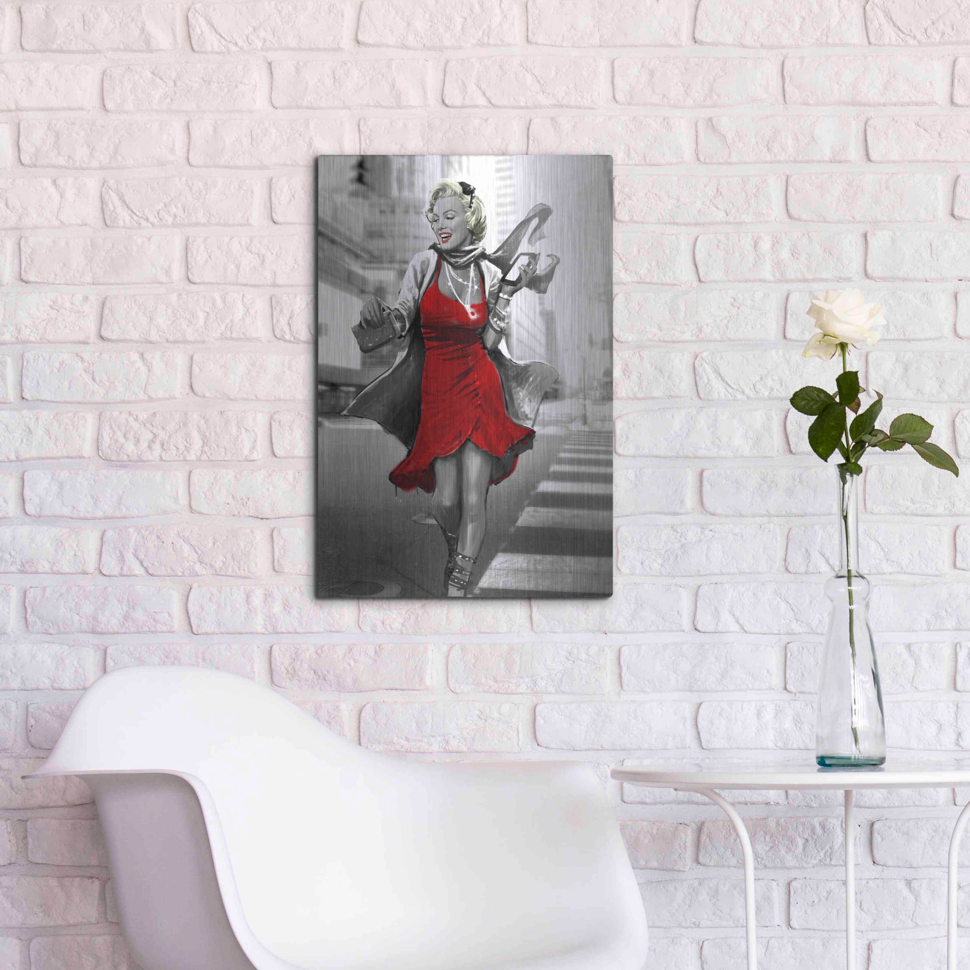 Luxe Metal Art 'Marilyn In The City Red Dress' by JJ Brando, Metal Wall Art,16x24