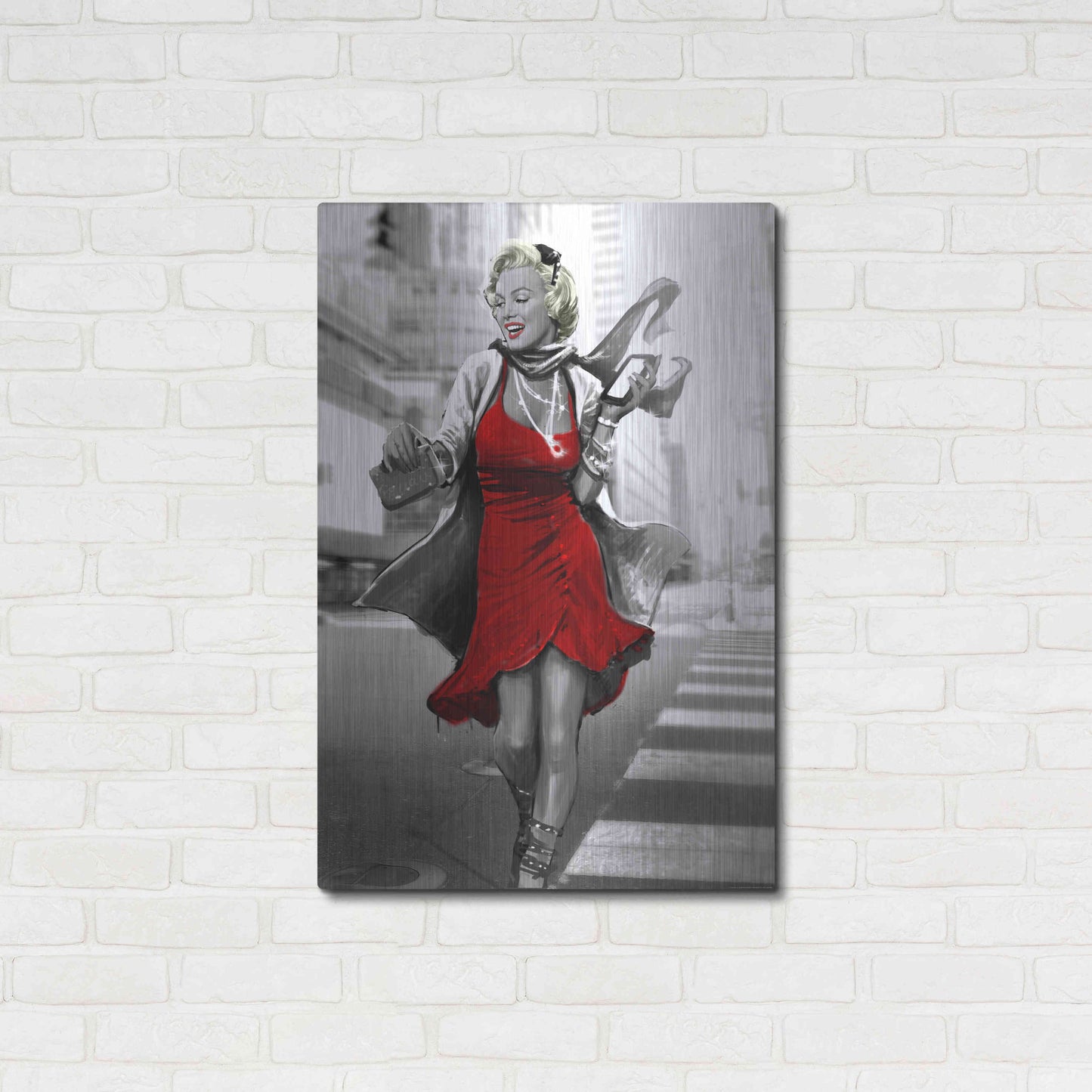 Luxe Metal Art 'Marilyn In The City Red Dress' by JJ Brando, Metal Wall Art,24x36