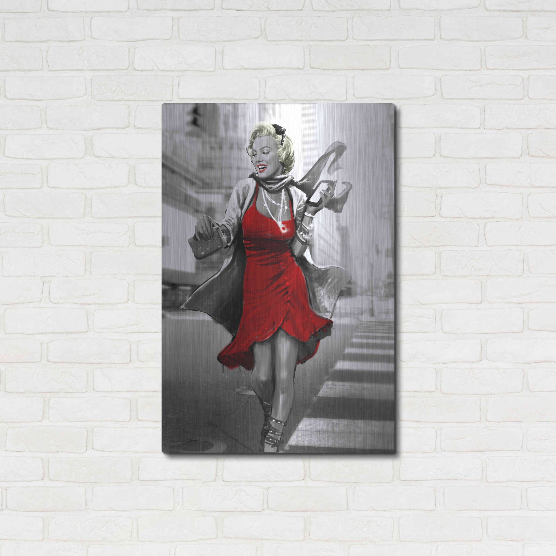 Luxe Metal Art 'Marilyn In The City Red Dress' by JJ Brando, Metal Wall Art,24x36