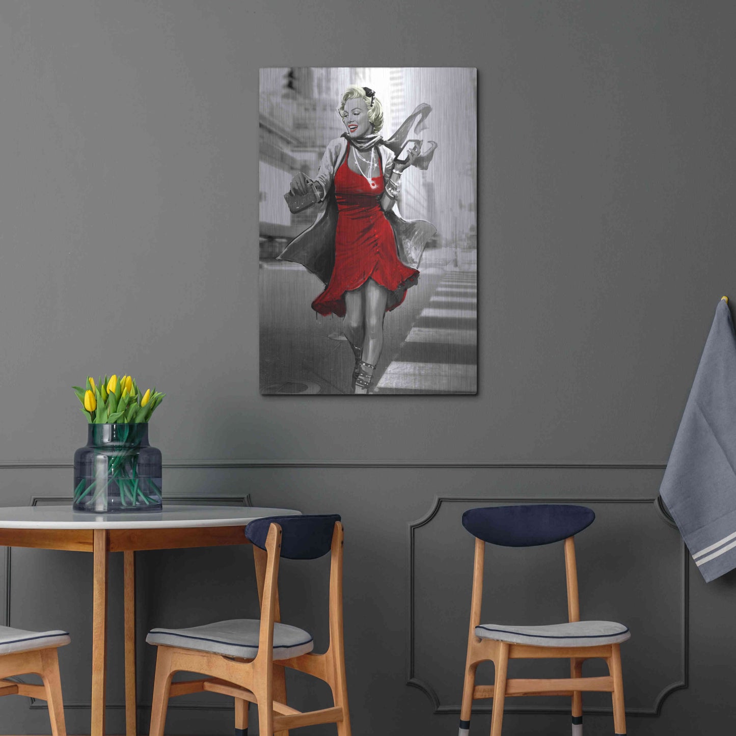 Luxe Metal Art 'Marilyn In The City Red Dress' by JJ Brando, Metal Wall Art,24x36