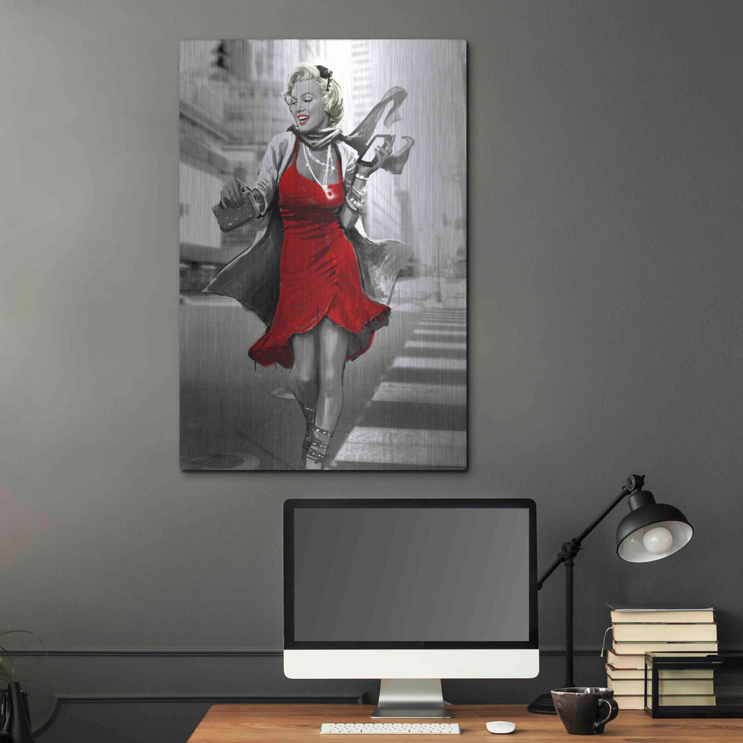 Luxe Metal Art 'Marilyn In The City Red Dress' by JJ Brando, Metal Wall Art,24x36