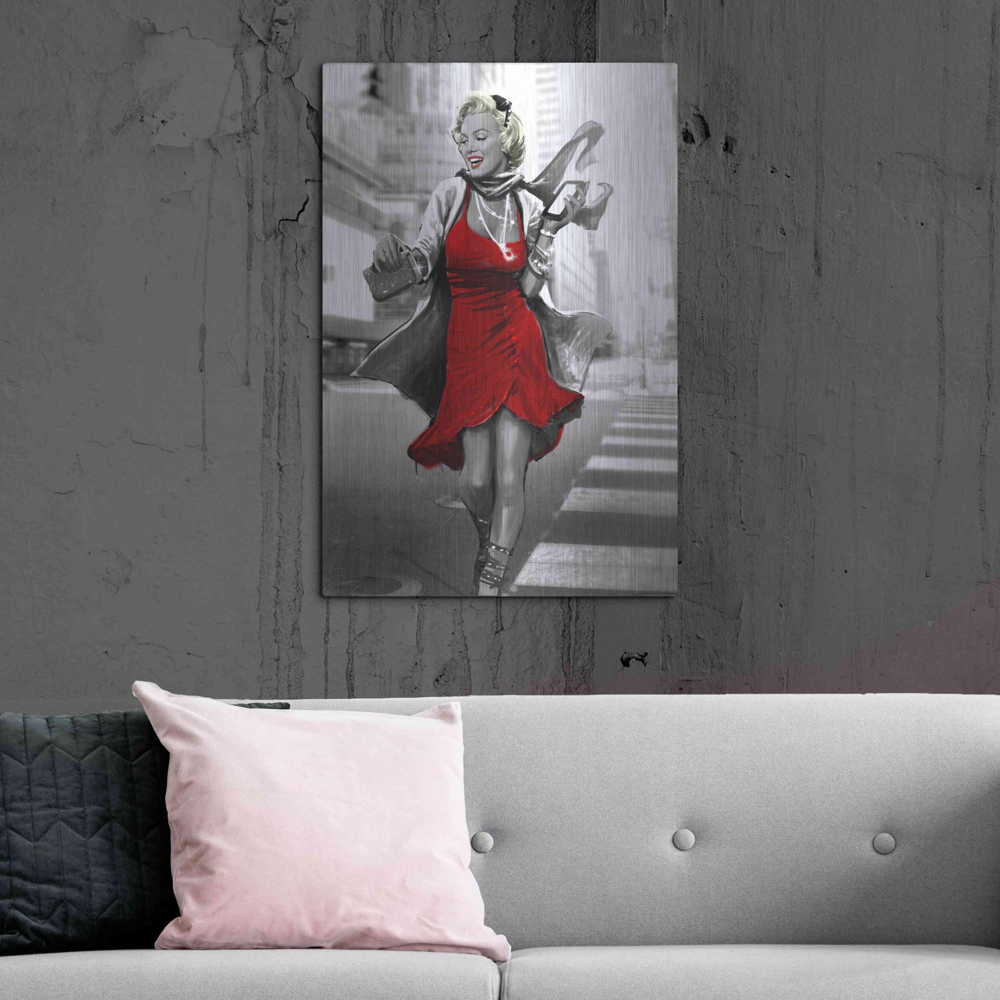 Luxe Metal Art 'Marilyn In The City Red Dress' by JJ Brando, Metal Wall Art,24x36