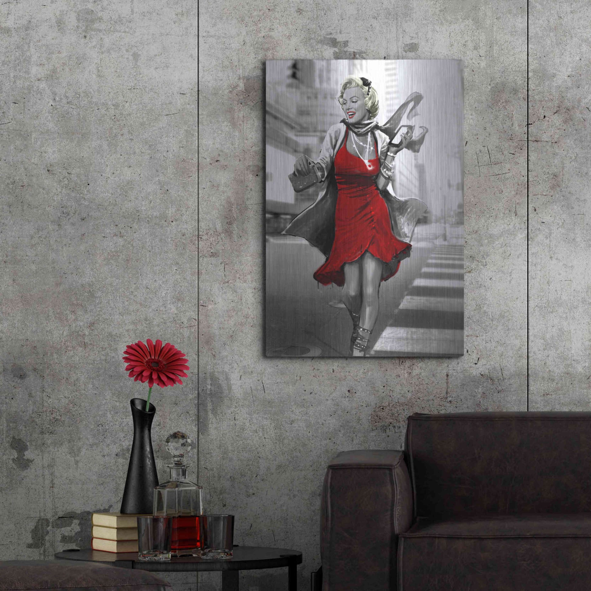 Luxe Metal Art 'Marilyn In The City Red Dress' by JJ Brando, Metal Wall Art,24x36