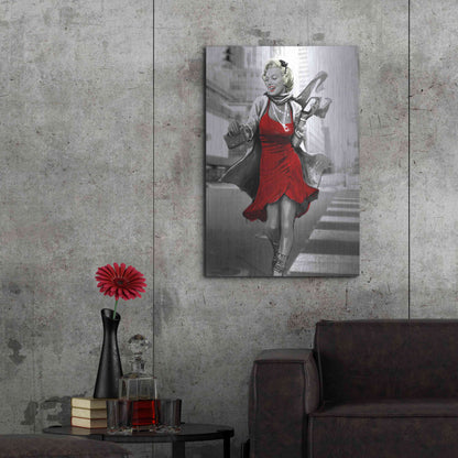 Luxe Metal Art 'Marilyn In The City Red Dress' by JJ Brando, Metal Wall Art,24x36