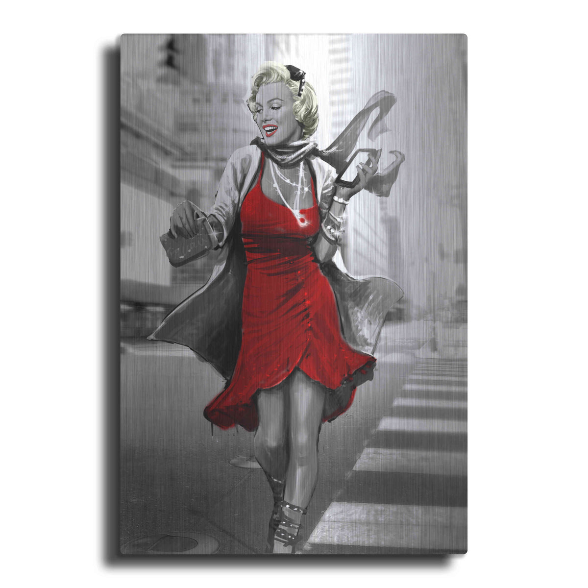 Luxe Metal Art 'Marilyn In The City Red Dress' by JJ Brando, Metal Wall Art