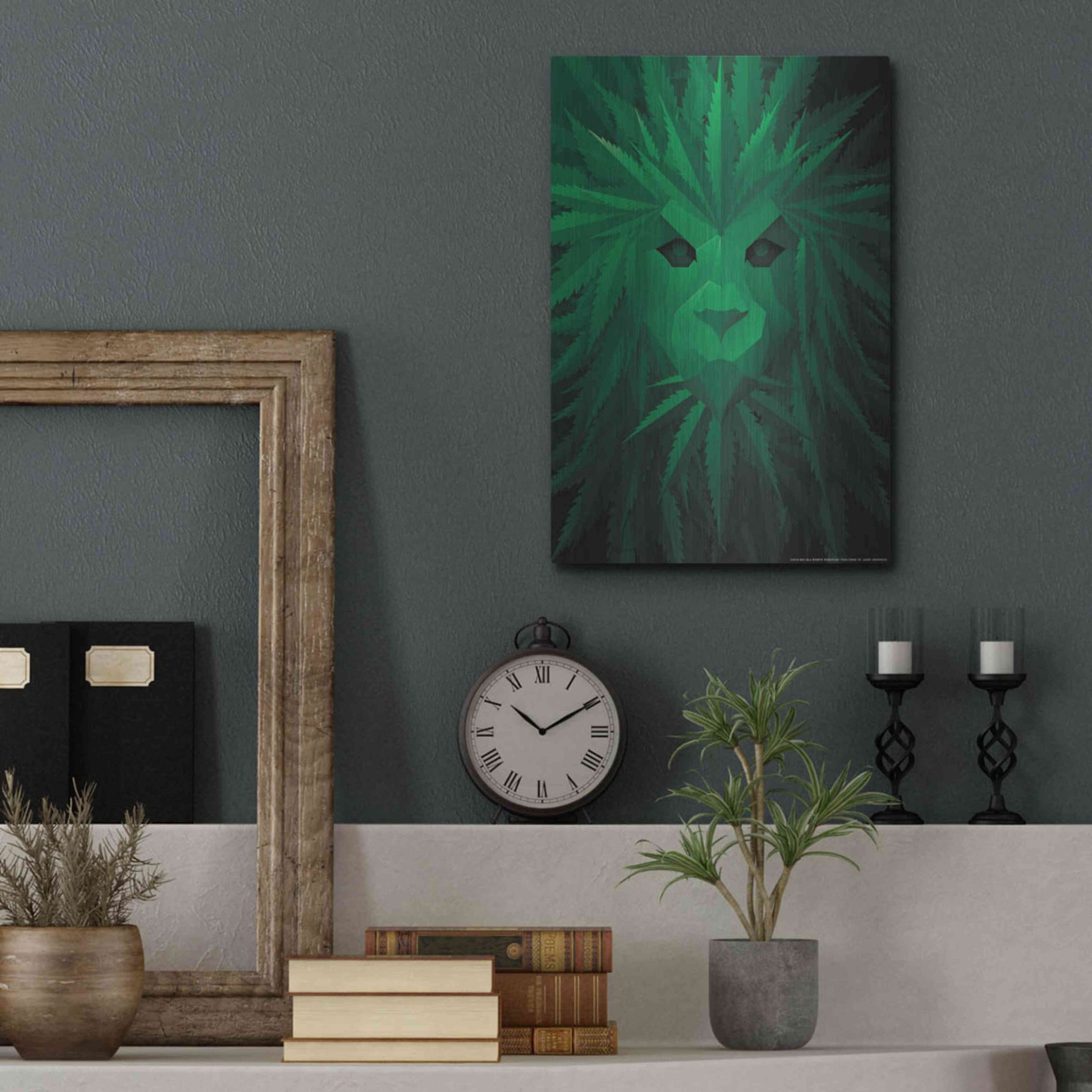 Luxe Metal Art 'Green Lion' by JJ Brando, Metal Wall Art,12x16