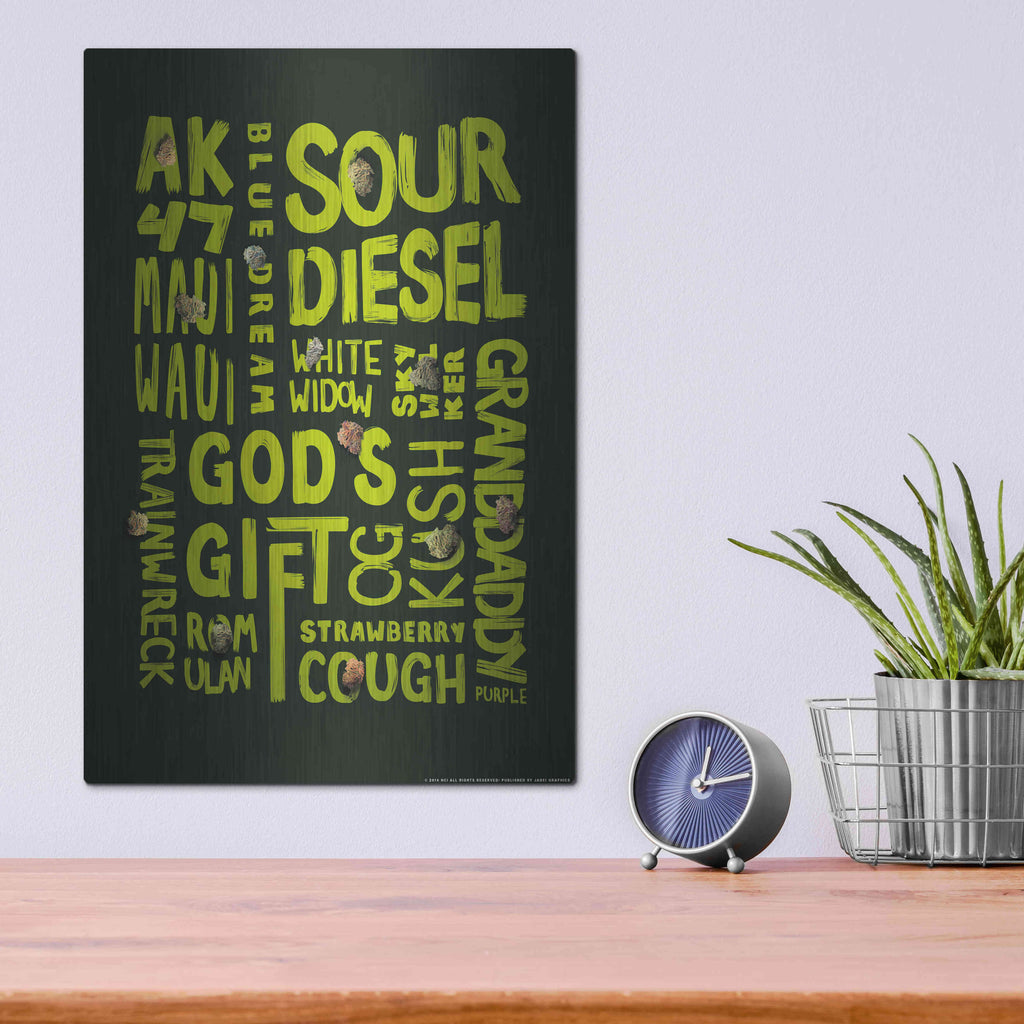Luxe Metal Art 'Green Words' by JJ Brando, Metal Wall Art,12x16