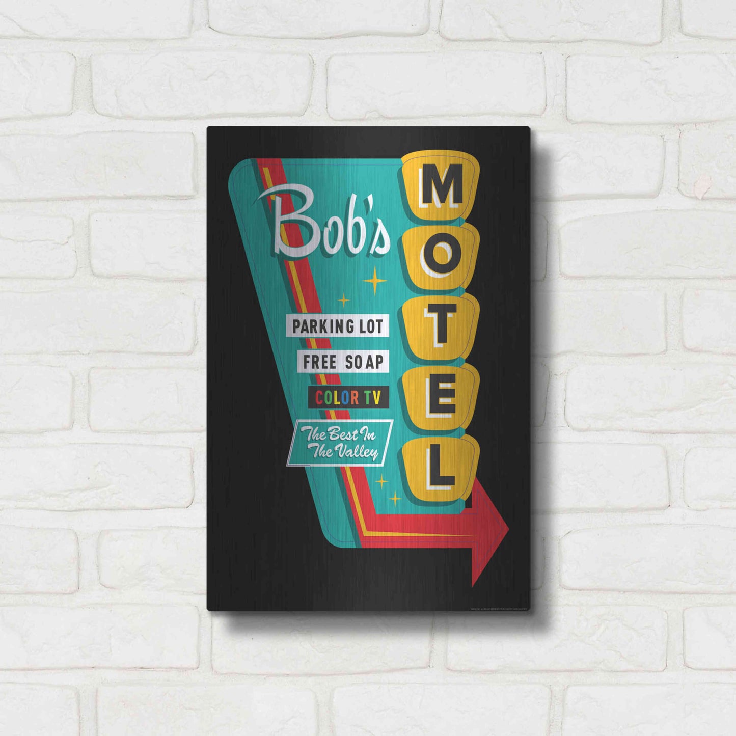 Luxe Metal Art 'Bob's Motel In Black' by JJ Brando, Metal Wall Art,12x16