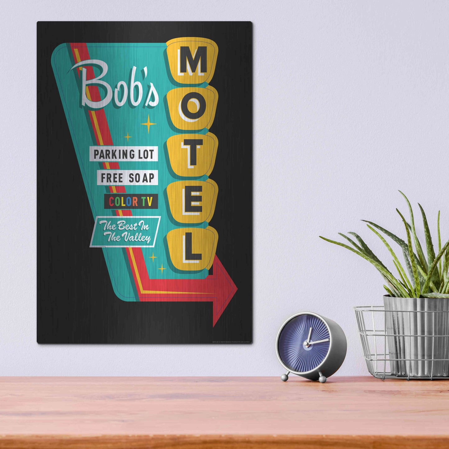 Luxe Metal Art 'Bob's Motel In Black' by JJ Brando, Metal Wall Art,12x16