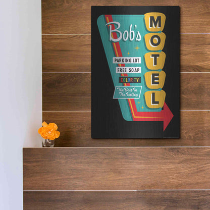 Luxe Metal Art 'Bob's Motel In Black' by JJ Brando, Metal Wall Art,12x16