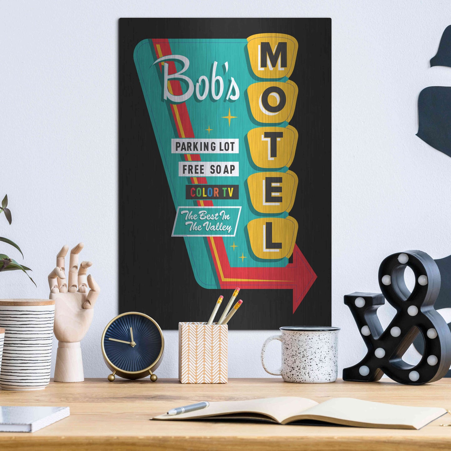 Luxe Metal Art 'Bob's Motel In Black' by JJ Brando, Metal Wall Art,12x16