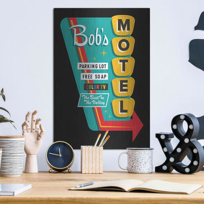 Luxe Metal Art 'Bob's Motel In Black' by JJ Brando, Metal Wall Art,12x16