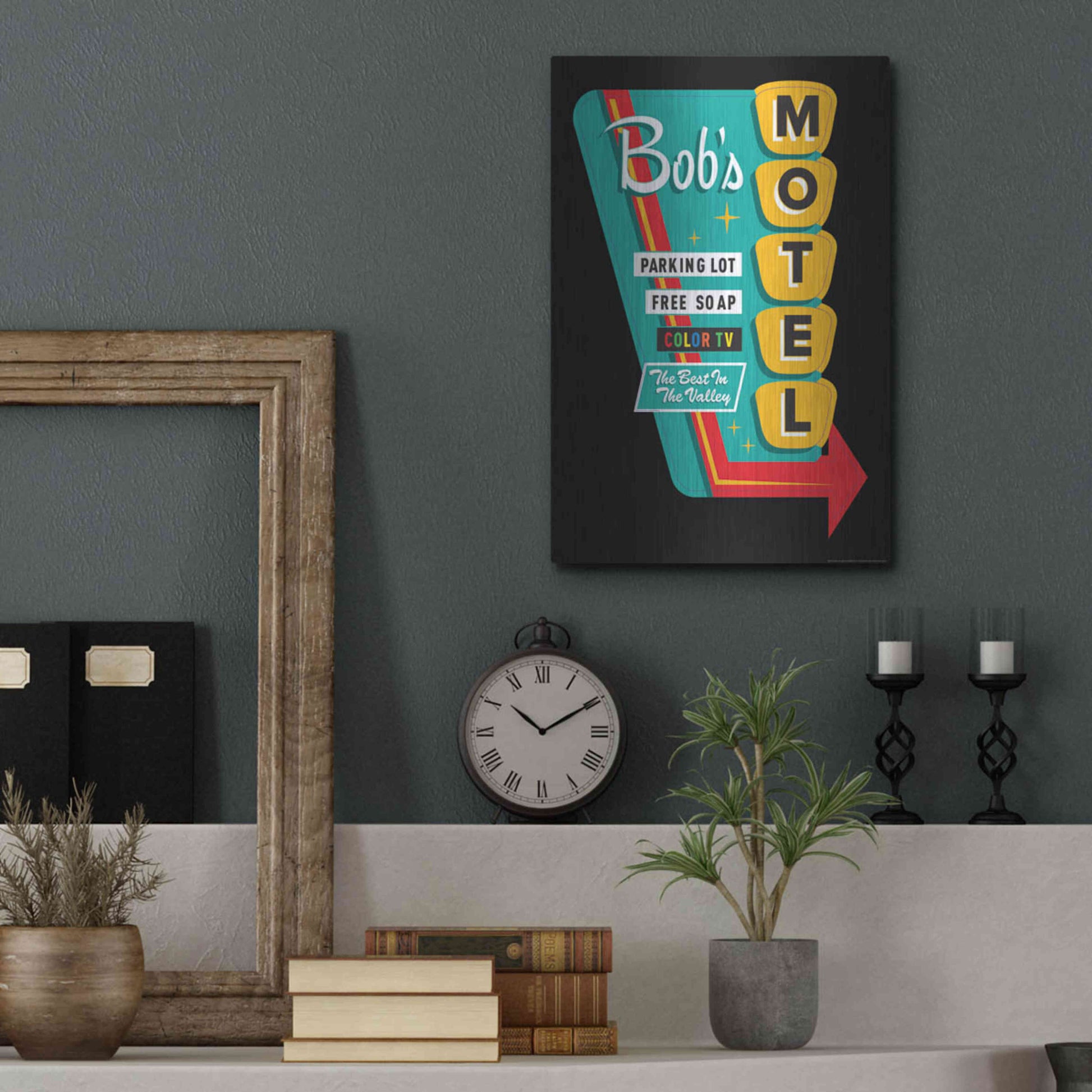 Luxe Metal Art 'Bob's Motel In Black' by JJ Brando, Metal Wall Art,12x16