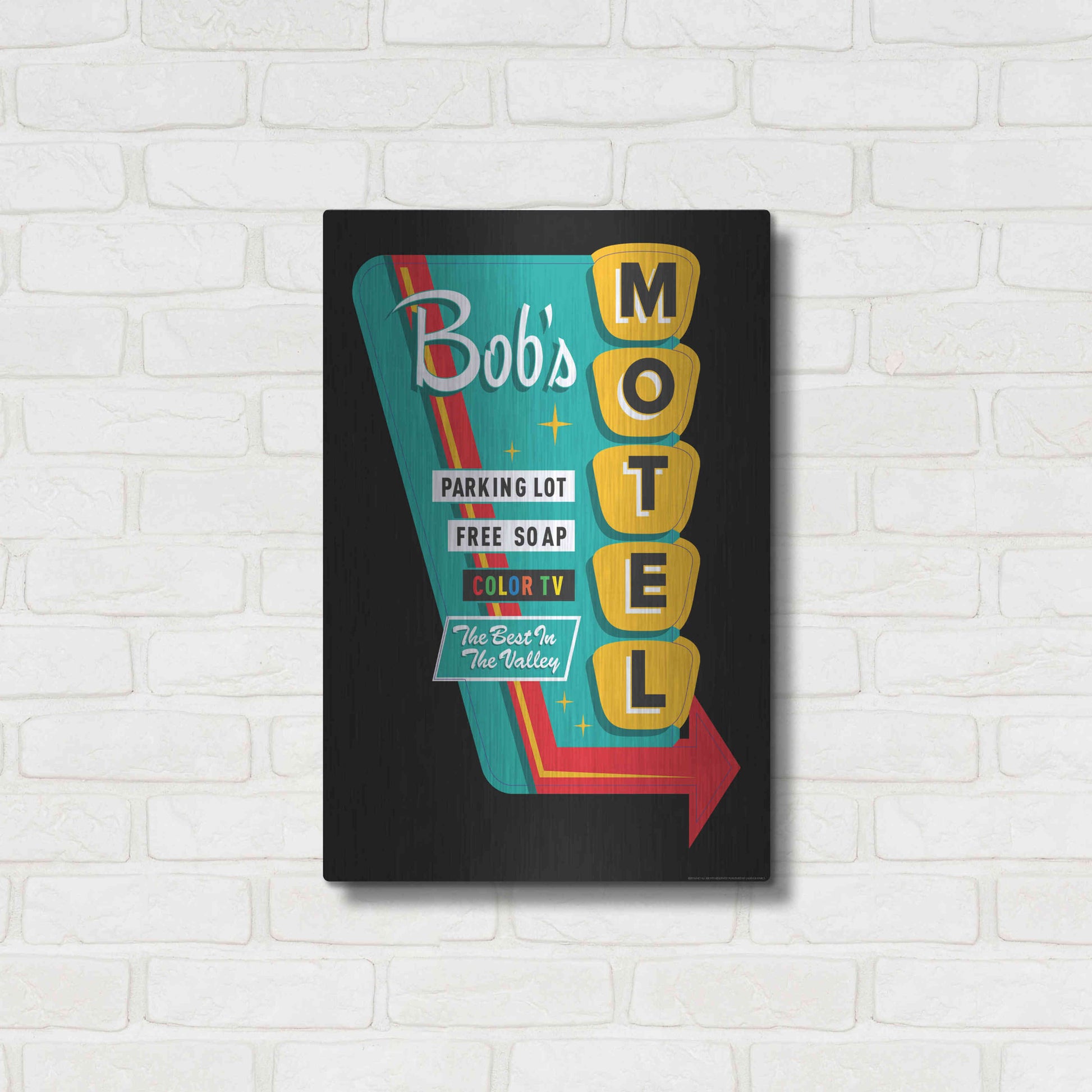 Luxe Metal Art 'Bob's Motel In Black' by JJ Brando, Metal Wall Art,16x24