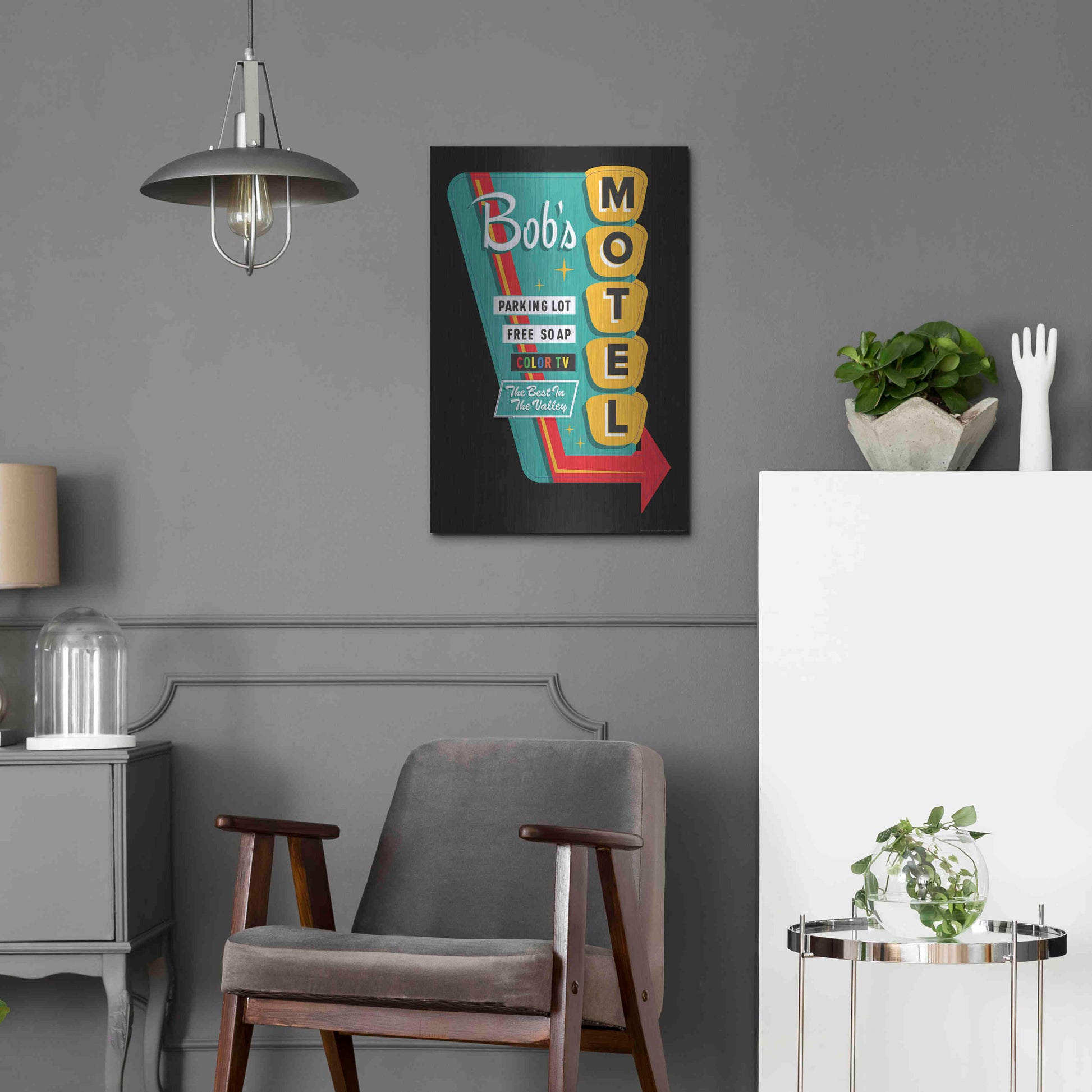 Luxe Metal Art 'Bob's Motel In Black' by JJ Brando, Metal Wall Art,16x24