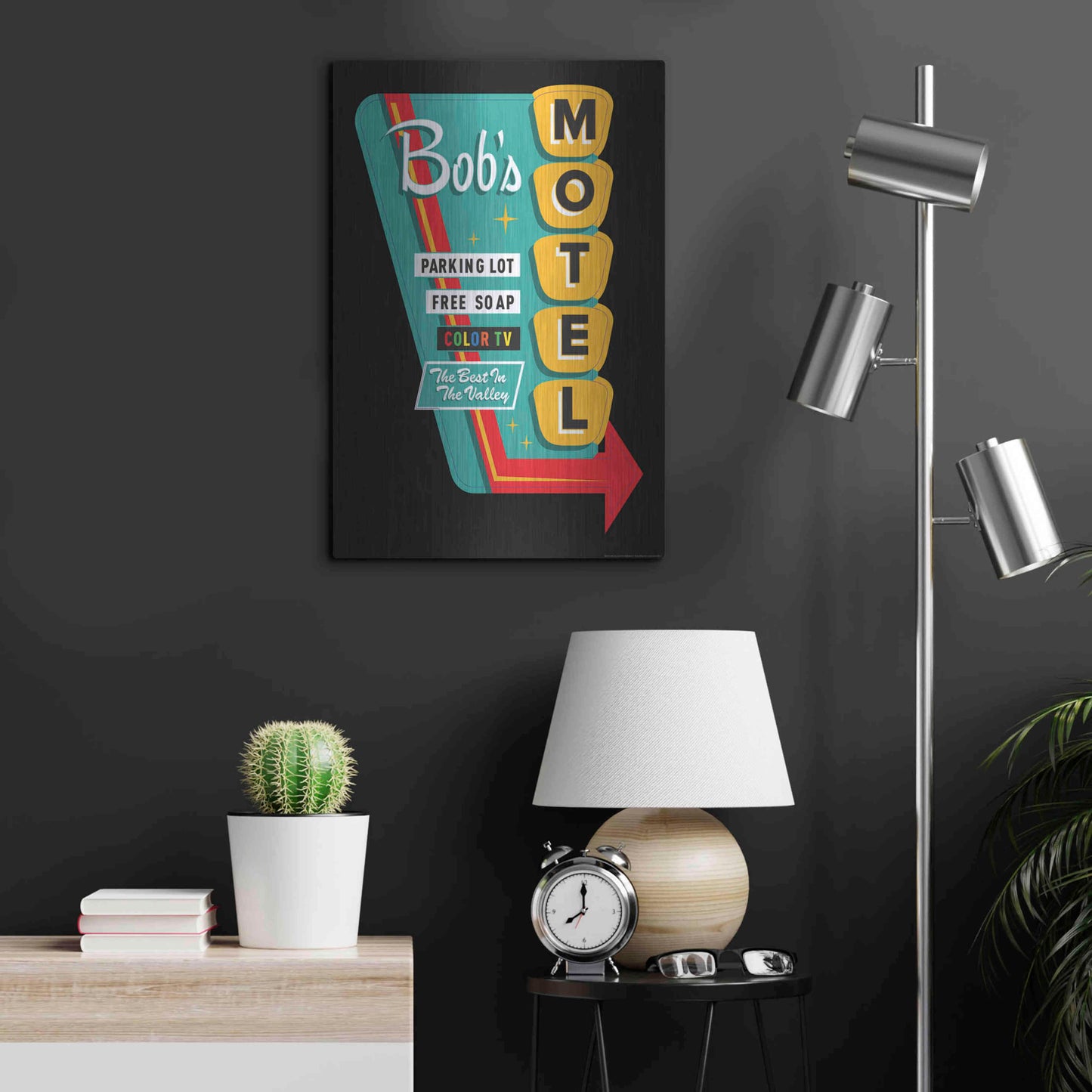 Luxe Metal Art 'Bob's Motel In Black' by JJ Brando, Metal Wall Art,16x24