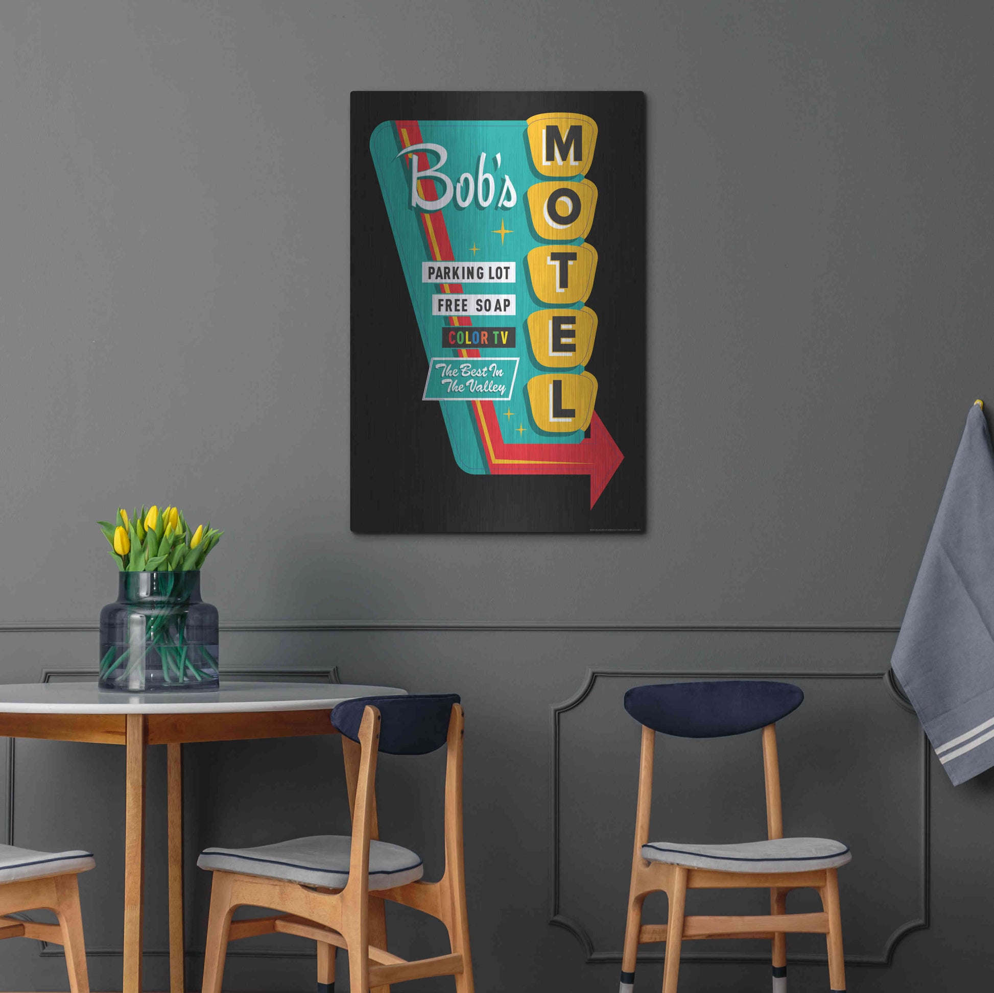 Luxe Metal Art 'Bob's Motel In Black' by JJ Brando, Metal Wall Art,24x36