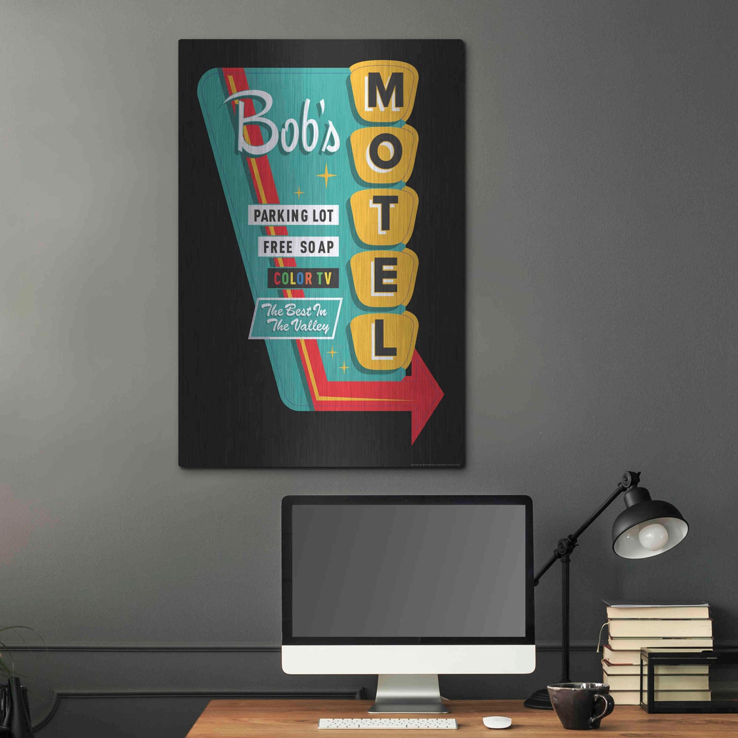 Luxe Metal Art 'Bob's Motel In Black' by JJ Brando, Metal Wall Art,24x36