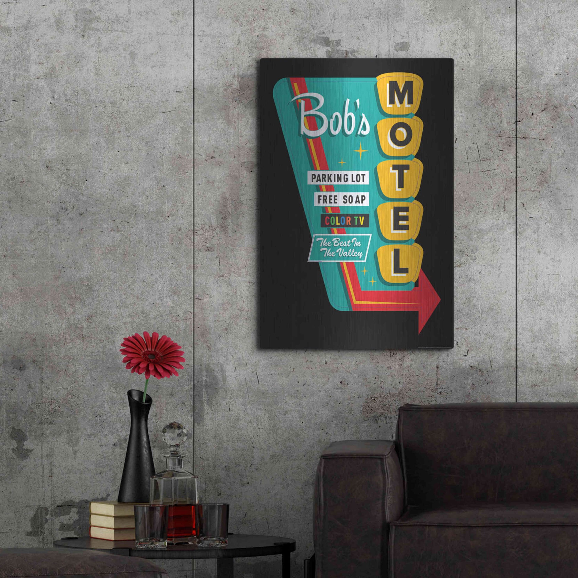 Luxe Metal Art 'Bob's Motel In Black' by JJ Brando, Metal Wall Art,24x36