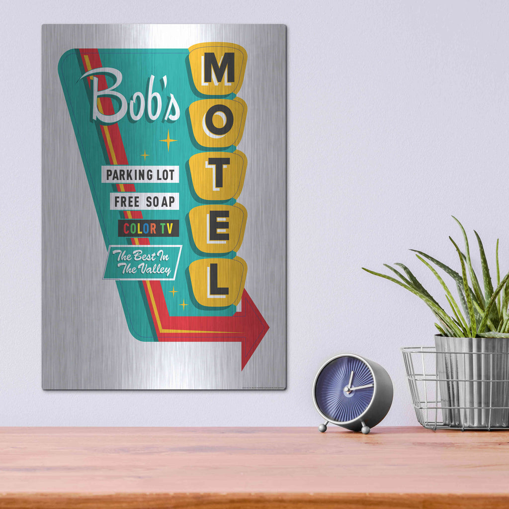 Luxe Metal Art 'Bob's Motel In White' by JJ Brando, Metal Wall Art,12x16