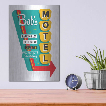 Luxe Metal Art 'Bob's Motel In White' by JJ Brando, Metal Wall Art,12x16