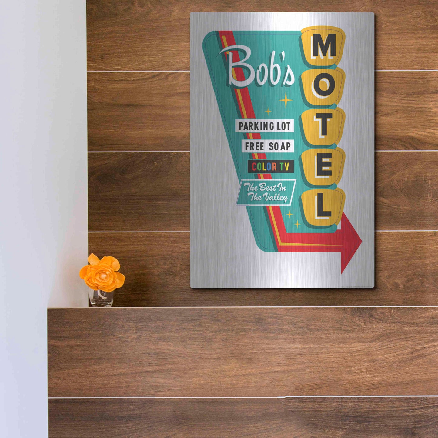 Luxe Metal Art 'Bob's Motel In White' by JJ Brando, Metal Wall Art,12x16