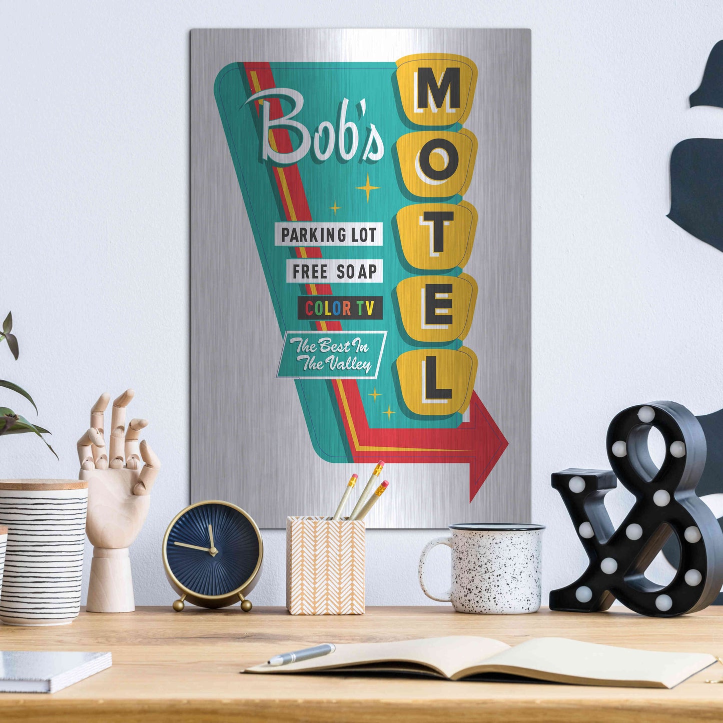 Luxe Metal Art 'Bob's Motel In White' by JJ Brando, Metal Wall Art,12x16