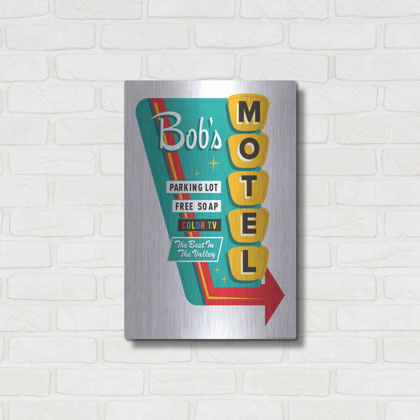 Luxe Metal Art 'Bob's Motel In White' by JJ Brando, Metal Wall Art,16x24