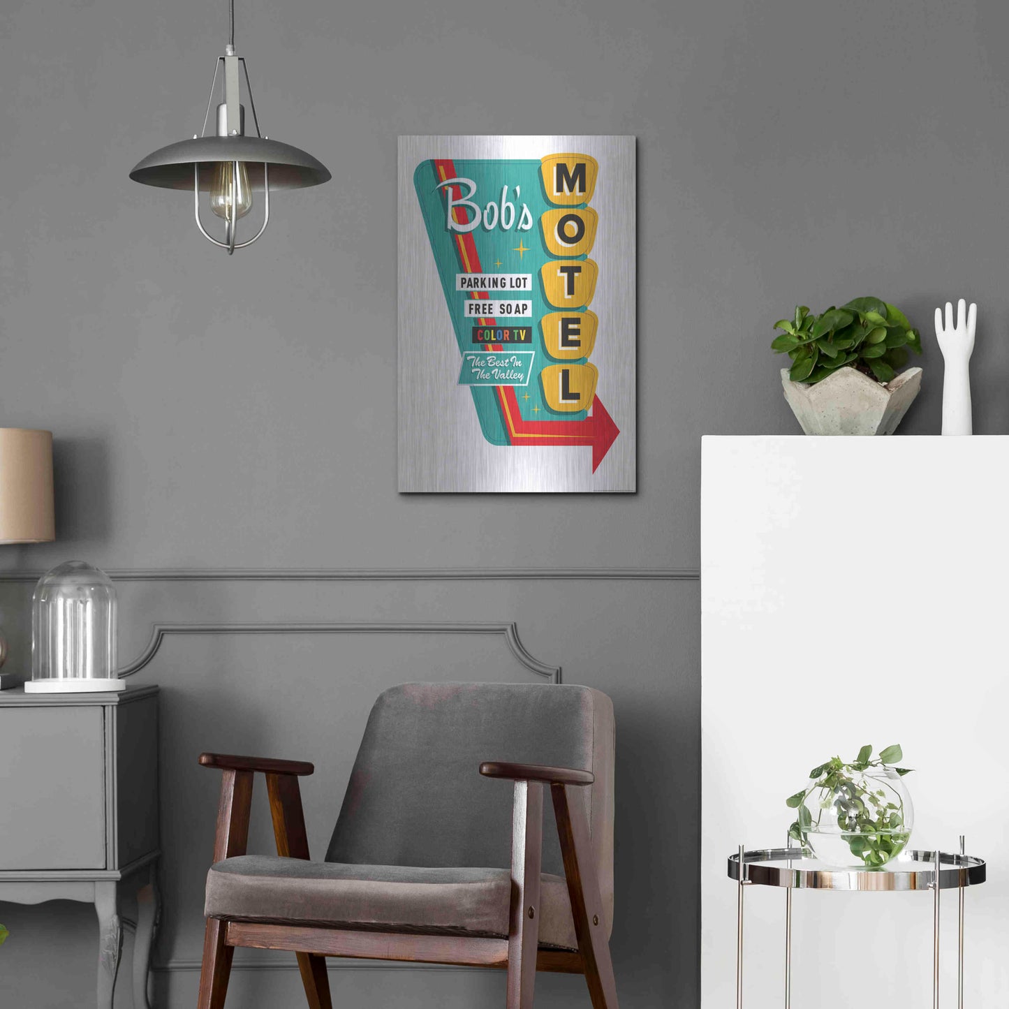 Luxe Metal Art 'Bob's Motel In White' by JJ Brando, Metal Wall Art,16x24