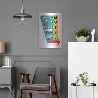 Luxe Metal Art 'Bob's Motel In White' by JJ Brando, Metal Wall Art,16x24